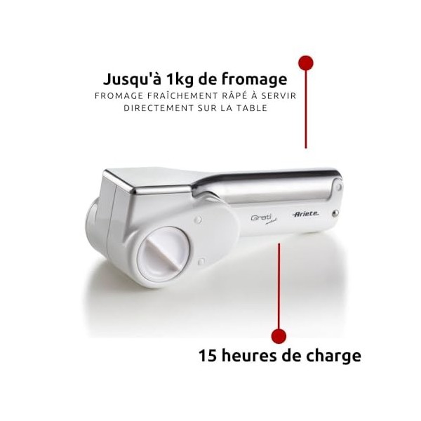 Ariete Gratì Metal 44, Râpe à Fromage Électrique Sans Fil, 2 Rouleaux en Acier Inoxydable Inclus, 1 Kg de Fromage avec Une Re