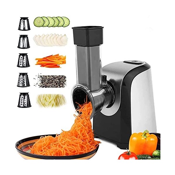 Meykey Coupe-légumes électrique, Hachoir multifonctionnel Râpe 150W avec 5 cônes en acier inoxydable, Argent