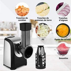 Meykey Coupe-légumes électrique, Hachoir multifonctionnel Râpe 150W avec 5 cônes en acier inoxydable, Argent