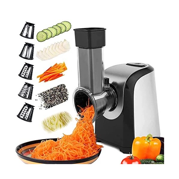 Meykey Fresh Express avec 5 cônes, Coupe-légumes électrique 150W, Râpe pour carottes, pommes de terre, concombres, argent noi