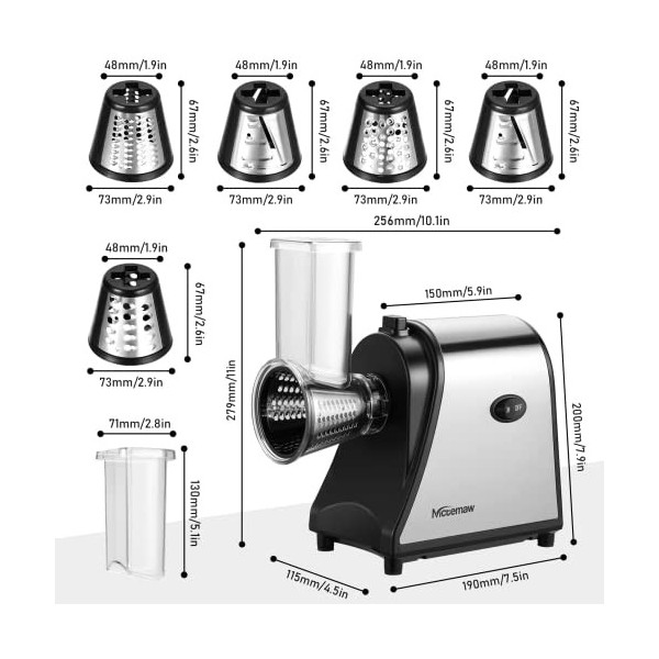 Meykey Coupe-légumes électrique, Hachoir multifonctionnel Râpe 250W avec 5 cônes en acier inoxydable