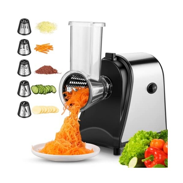 Meykey Coupe-légumes électrique, Hachoir multifonctionnel Râpe 250W avec 5 cônes en acier inoxydable