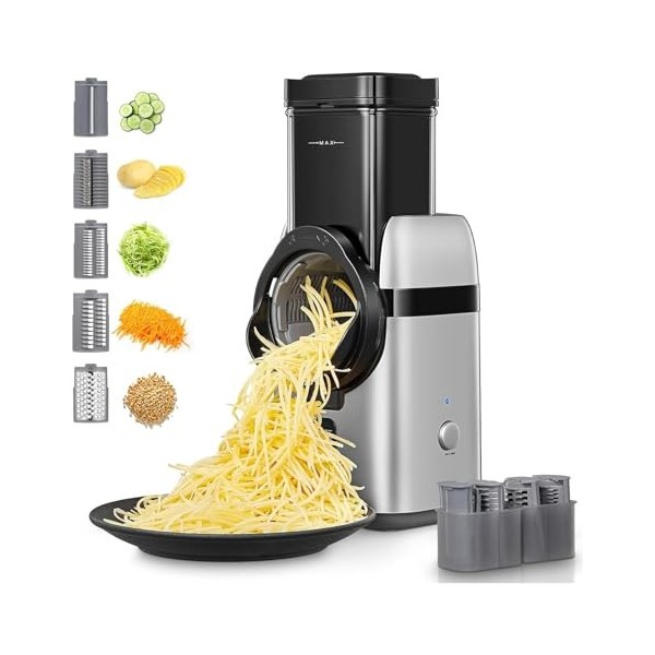 FOHERE Râpe a Légumes Électrique， 5 en 1 Elektrische Reibe，80W trancheuse à légumes avec plusieurs lames interchangeables et 