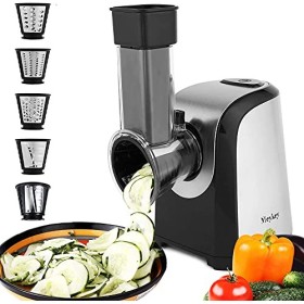 Meykey Râpe électrique pour légumes et fruits 150 W avec 5 accessoires et grand tube dalimentation pour vos légumes et fruit