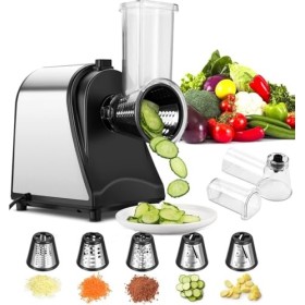 COOCHEER Coupe-légumes Électrique, 5 en 1 Râpe Multifonctionnelle Électrique, 250W Râpe et Hachoir Électriques, avec 5 Cônes 