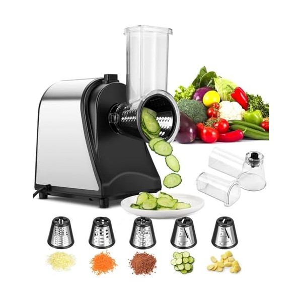 COOCHEER Coupe-légumes Électrique, 5 en 1 Râpe Multifonctionnelle Électrique, 250W Râpe et Hachoir Électriques, avec 5 Cônes