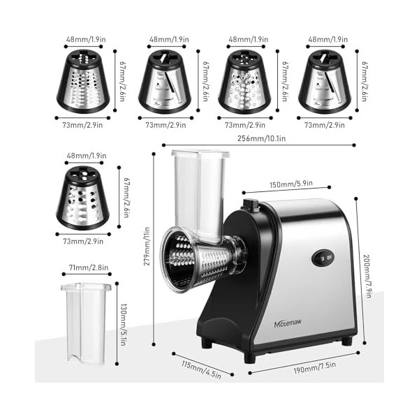 COOCHEER Coupe-légumes Électrique, 5 en 1 Râpe Multifonctionnelle Électrique, 250W Râpe et Hachoir Électriques, avec 5 Cônes