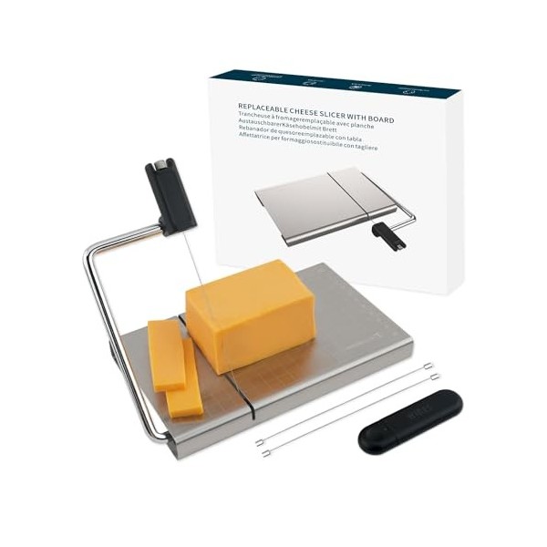 KITCHENDAO Trancheuse à fromage en fil métallique remplaçable avec planche et grilles de mesure, trancheuse à fromage réglabl