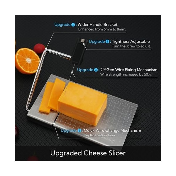 KITCHENDAO Trancheuse à fromage en fil métallique remplaçable avec planche et grilles de mesure, trancheuse à fromage réglabl