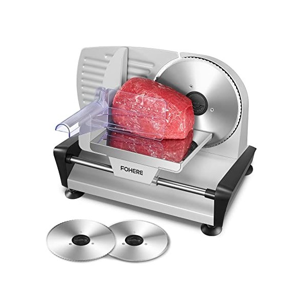 Trancheuse Electrique 200W à Jambon et Saucisson, 2 Lames Détachable de 19 cm, 0-15 dépaisseur Précise, Commutateur de Rainu