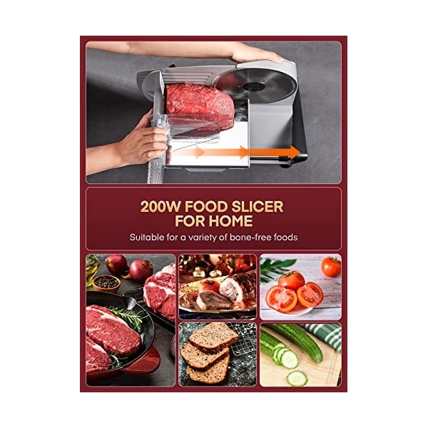 Trancheuse Electrique 200W à Jambon et Saucisson, 2 Lames Détachable de 19 cm, 0-15 dépaisseur Précise, Commutateur de Rainu
