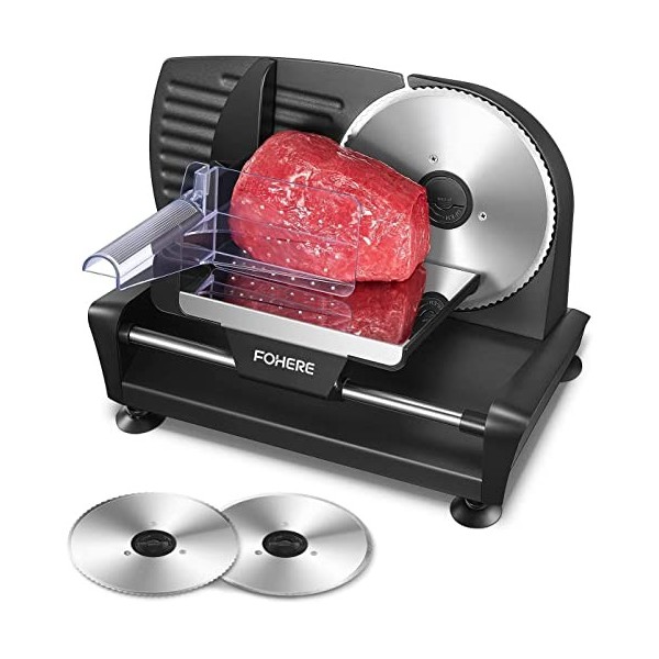 Trancheuse Electrique 200W à Jambon et Saucisson, 2 Lames Détachable de 19 cm, 0-15 dépaisseur Précise, Commutateur de Rainu