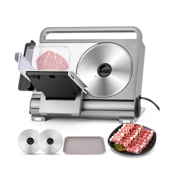 Moongiantgo Trancheuse Électrique Pliable Trancheuse à Jambon, Interrupteur Sécurité Enfant, Double Lame En Acier Inox Amovib