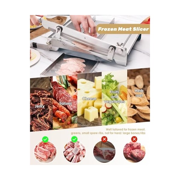 Moongiantgo Trancheuse Manuelle Machine de Découpe de Viande Congelée Coupe Os en Acier Inoxydable, Doubles Lames, Épaisseur 