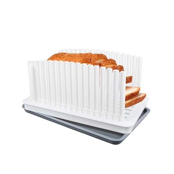 TOLASTO Trancheuse à pain pour pain fait maison, guide de trancheuse à pain avec largeur réglable et plateau miettes, pliable