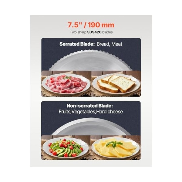 VEVOR Trancheuse à viande domestique, 180 W, trancheuse électrique pour aliments de charcuterie, avec 2 lames en acier inox d