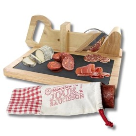 Trancheuse Saucisson en Bois avec Pochon et Plateau Ardoise - Guillotine Manuelle - Machine pour découpe Multifonctions - Cou