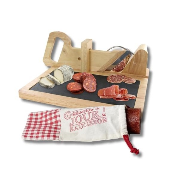 Trancheuse Saucisson en Bois avec Pochon et Plateau Ardoise - Guillotine Manuelle - Machine pour découpe Multifonctions - Cou