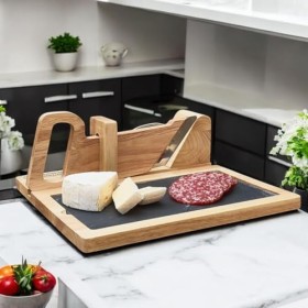 Trancheuse Saucisson en Bois avec Pochon et Plateau Ardoise - Guillotine Manuelle - Machine pour découpe Multifonctions - Cou