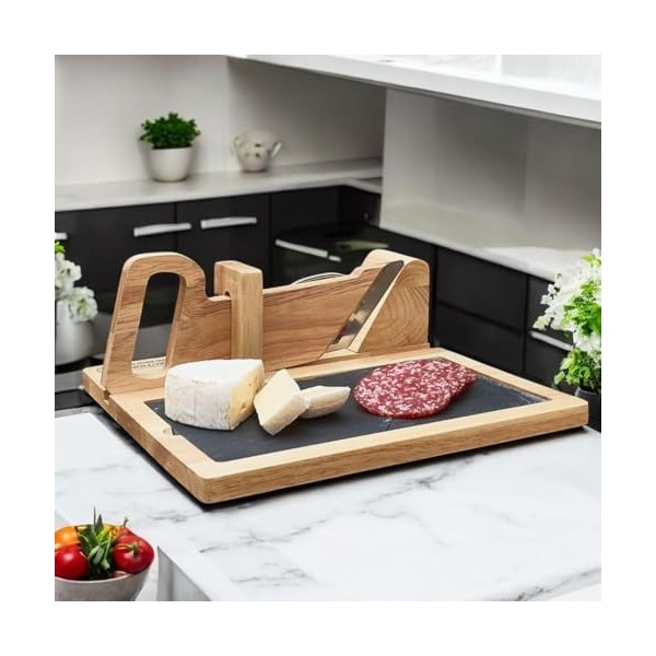 Trancheuse Saucisson en Bois avec Pochon et Plateau Ardoise - Guillotine Manuelle - Machine pour découpe Multifonctions - Cou