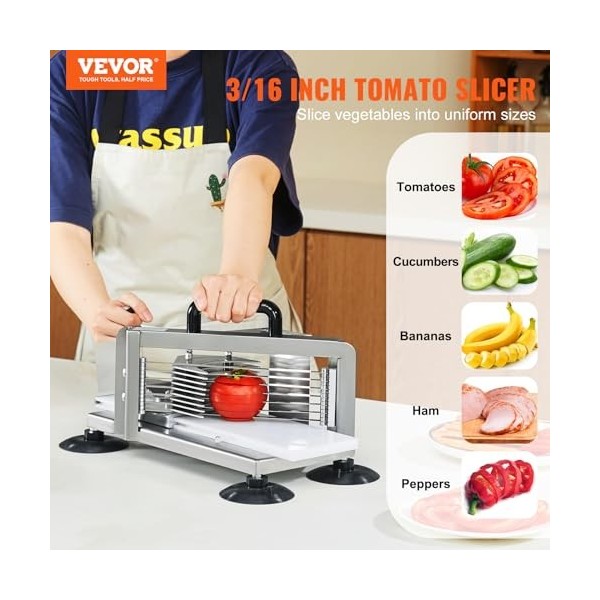VEVOR Coupe-tomates Commerciale, Trancheuse à Tomates de 4,8 mm, Trancheur pour Tomates Robuste en Acier Inoxydable, avec Pie