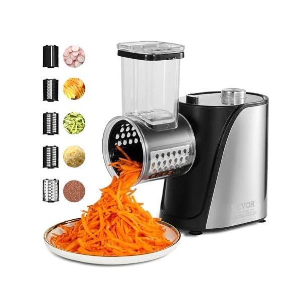 VEVOR Moulin-Râpe à Fromage Électrique 250 W Haute Puissance, Trancheuse à Légumes avec 5 Lames Différentes, Machine à Salade