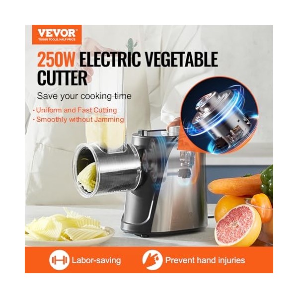 VEVOR Moulin-Râpe à Fromage Électrique 250 W Haute Puissance, Trancheuse à Légumes avec 5 Lames Différentes, Machine à Salade
