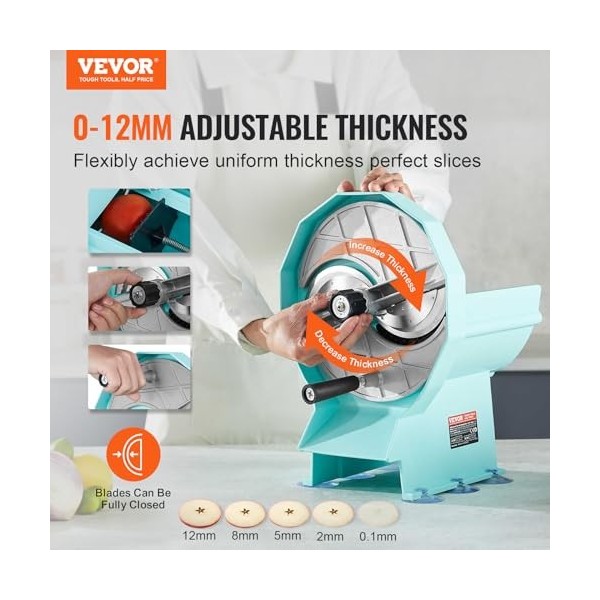 VEVOR Trancheuse Manuelle pour Légumes et Fruits, Coupe-Légumes Épaisseur Réglable 0-12 mm, Double Ports dAlimentation, Lame