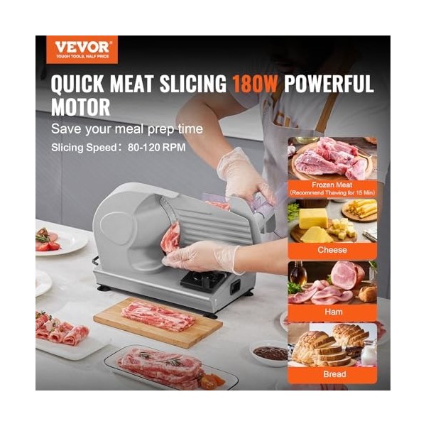 VEVOR Trancheuse Électrique Commerciale 180 W Trancheuse à Jambon Lame 190 mm 80-120 tr/min Trancheuse Charcuterie en Acier I