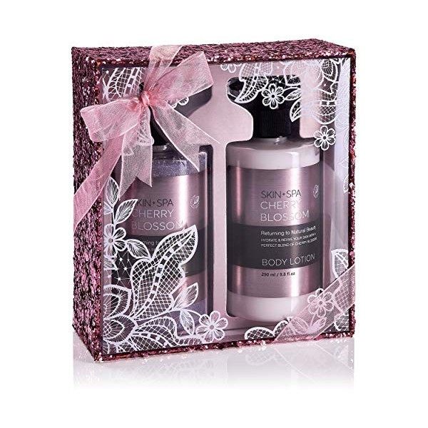 BRUBAKER Cosmetics - Coffret de bain & bien-être - Fleur de cerisier - 2 Pièces - Boîte paillettes/Rose - Idée cadeau