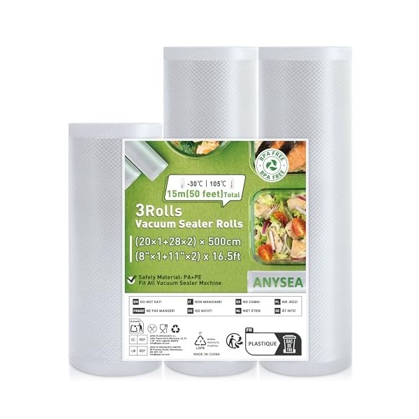 Anysea Sac Sous Vide Alimentaire 3 Rouleaux：20x1/28x2/x500 cm Rouleau Sous Vide Alimentaire sans BPA, Film sous vide alimenta