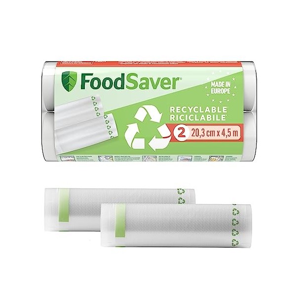 FoodSaver sacs de mise sous vide réutilisables, Sans BPA, 2 rouleaux, 20cm x 6,7m, FSR2002I