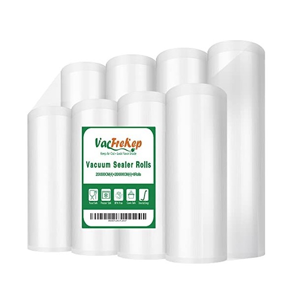 VacFreKep 8Rouleau 20x600cm 4 et28x600cm 4 Rouleau Sacs Pour Machine Sous Vide Alimentaire,sans BPA et LFGB Sac de Congelat
