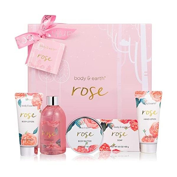 Coffret de Bain & Douche pour Femme, Body&Earth 6PCS Coffret Cadeau au Parfum de Rose, Parfait Cadeau pour l’Anniversaire