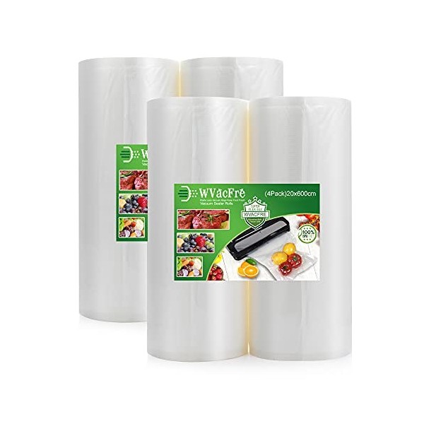 WVacFre 4 Rouleau 20x600cm Rouleau Sacs Pour Machine Sous Vide Alimentaire,sans BPA et LFGB Sac de Congelation Sous Vide,Comp