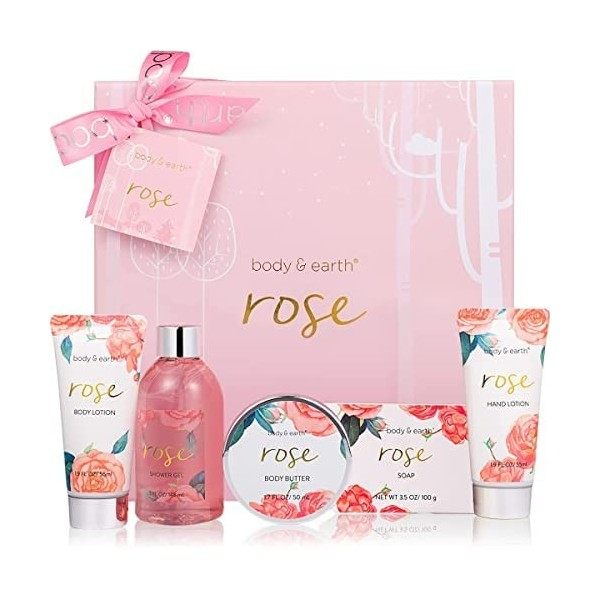 Coffret de Bain & Douche pour Femme, Body&Earth 6PCS Coffret Cadeau au Parfum de Rose, Parfait Cadeau pour l’Anniversaire Cof...