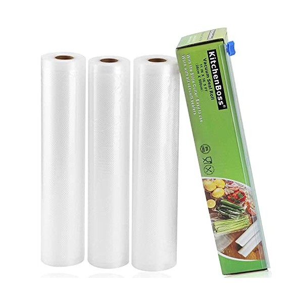 KitchenBoss Sac sous Vide Alimentaire,3 Rouleaux 28cmx5M,Total 15 M, Rouleaux de Mise sous Vide avec 1 Boîte de Coupe Pas Plu