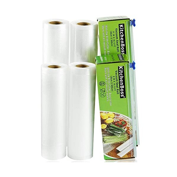 KitchenBoss Sac sous Vide Alimentaire,3 Rouleaux 28cmx5M,Total 15 M, Rouleaux de Mise sous Vide avec 1 Boîte de Coupe Pas Plu