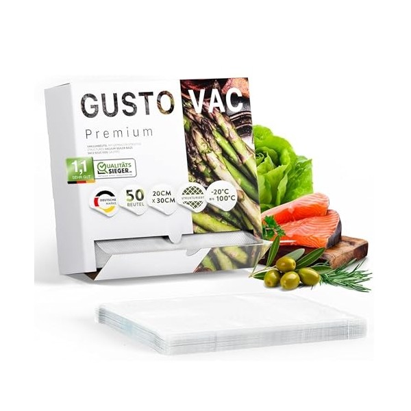 GustoVac Pack de 50 Sacs Sous Vide Alimentaire Gaufrés Fabriqué en Europe 20x30cm, Sac Sous Vide Alimentaire Film Sous Vide A