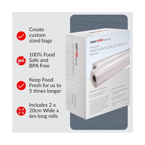 SousVideTools [SVT-07001] Lot de 2 Rouleaux d’Emballage Alimentaire Sous Vide 20 cm x 6 m 