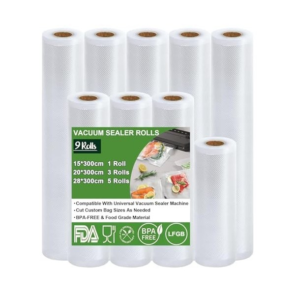 Omtofo Sac sous Vide Alimentaire, 20 x 600 cm Film Sous Vide Alimentaire 4 Rouleaux, Approuvé par la FDA, LFGB, Sac Congelati