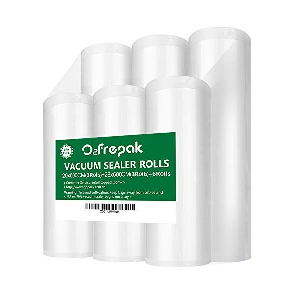 O2frepak 6 Rouleau 3 20x600cm et 3 28x600cm Sacs Pour Machine Sous Vide Alimentaire, Réutilisable, sans BPA et LFGB Sac de