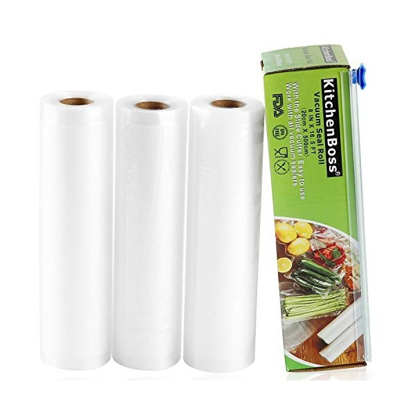 KitchenBoss Lot de 3 rouleaux demballage sous vide avec boîte de découpe, 20 x 500 cm, sacs demballage sous vide pour le st