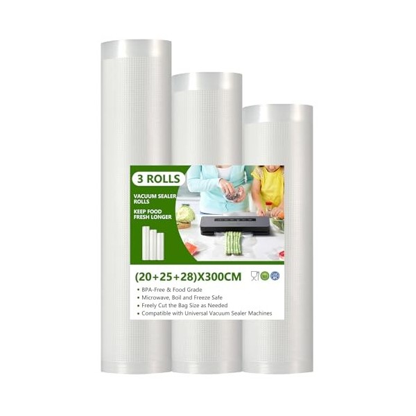 Diboniur Rouleau Sac Sous Vide Alimentaire, 3 Packs 28/25/20 x 300cm Sac Sous Vide, Réutilisable Sachet Sous Vide Alimentaire