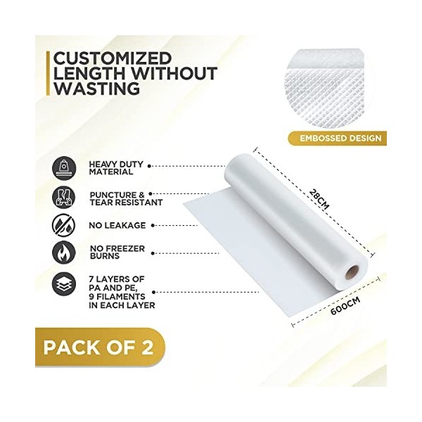Kitchen Festiva Lot de 2 rouleaux demballage sous vide - 28 cm x 6 m - Sans BPA, réutilisables et robustes - Résistants aux 