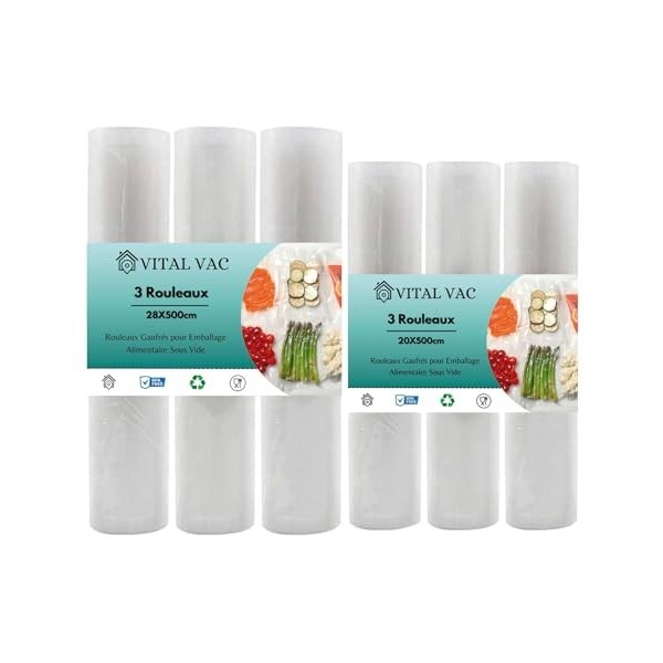 VITAL VAC Lot de 3 Rouleaux de 20cm + 3 Rouleaux de 28cm | De 5 Mètres | Pour Sacs Sous Vide Domestique | Compatible avec tou