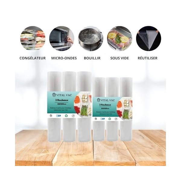 VITAL VAC Lot de 3 Rouleaux de 20cm + 3 Rouleaux de 28cm | De 5 Mètres | Pour Sacs Sous Vide Domestique | Compatible avec tou