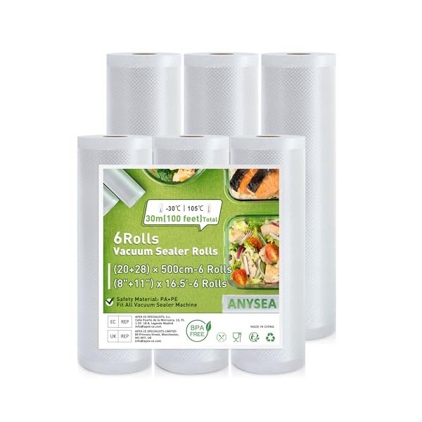 Anysea Rouleau Sous Vide Alimentaire:Sac Sous Vide Alimentaire Sans BPA, 6 Rouleaux 28/20 x 500 cm, Sac Congélation Sous Vide