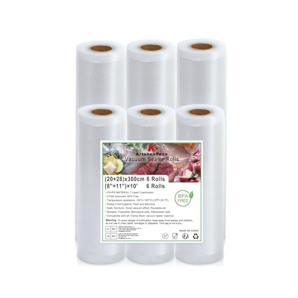 KitchenBoss Sac Sous Vide Alimentaire:6 Rouleaux 20/28 x 300cm Rouleau Sous Vide Alimentaire pour Machine Sous Vide, Sachet S