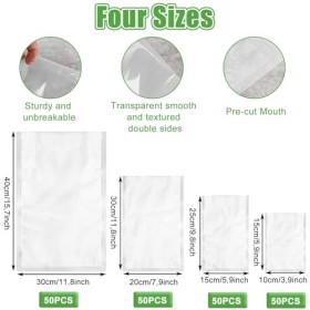 GBACHOOSE Lot de 200 sacs sous vide pour aliments 50 10 x 15 cm et 50 15 x 25 cm et 50 20 x 30 cm et 50 30 x 40 cm po